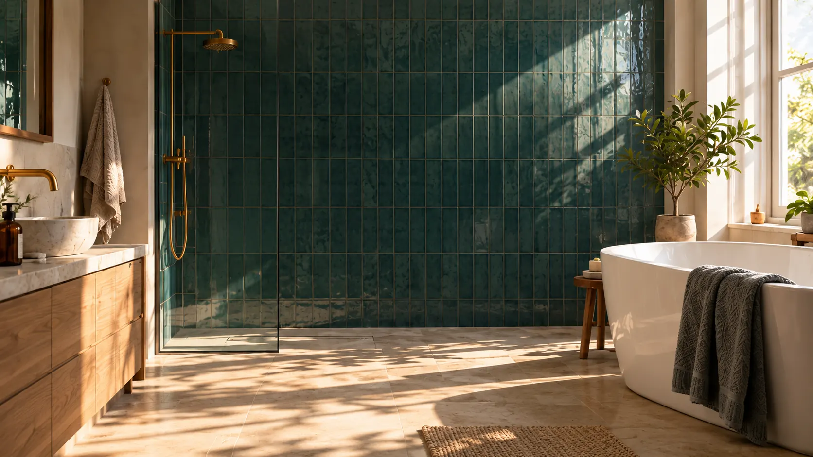 A sunlit bathroom with green tiles, brass shower fittings and a freestanding bath.