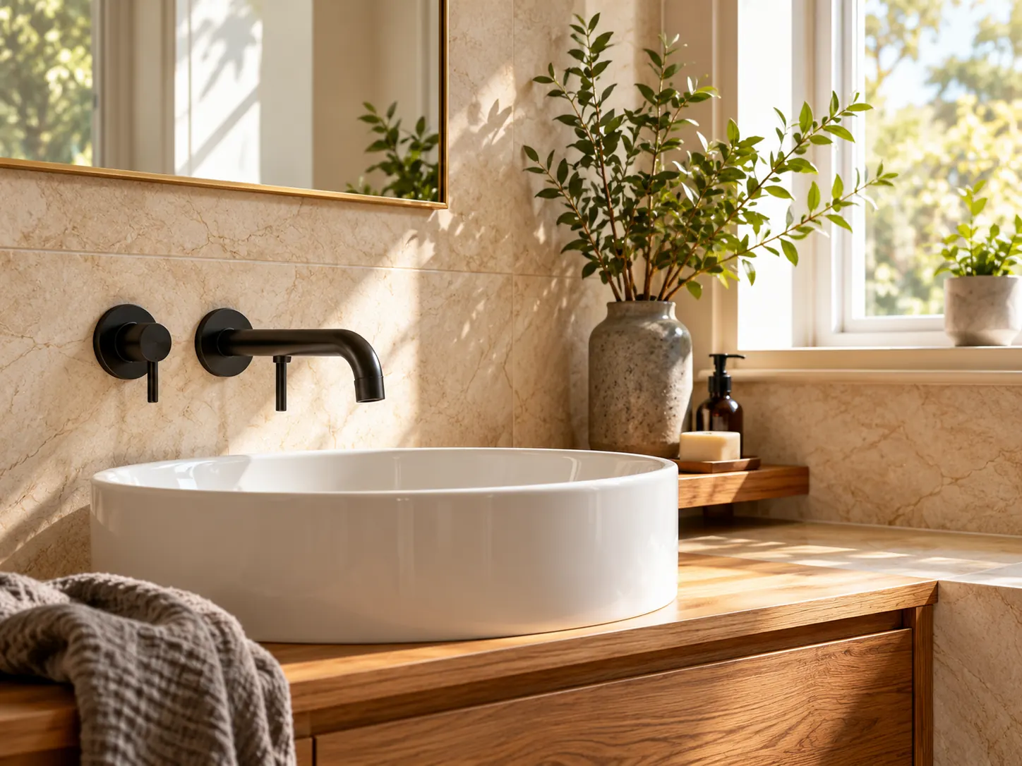 A white vessel basin on an oak vanity with limestone and dark bronze fittings.
