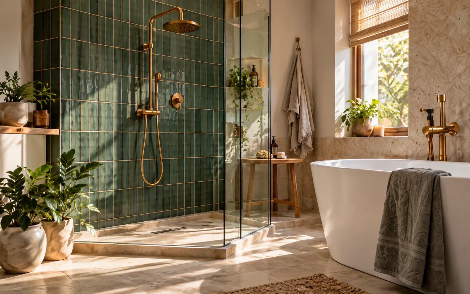 A finished green-tiled bathroom with a shower enclosure and white bath.
