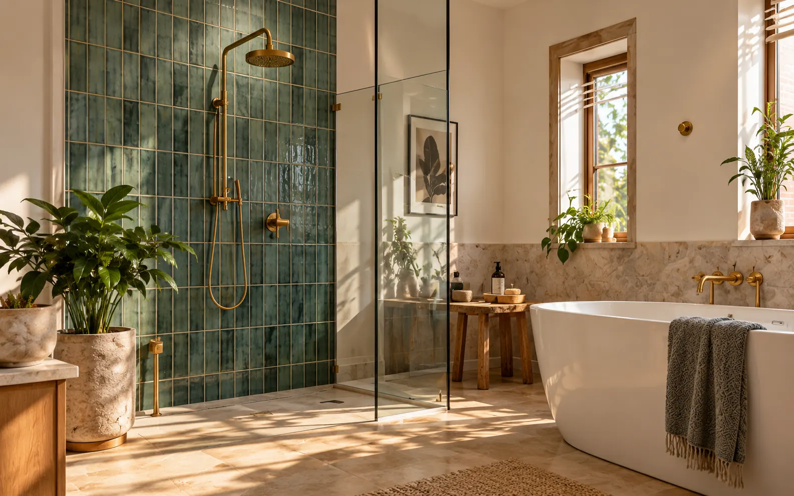 A green-tiled bathroom renovation with brass shower and natural stone.
