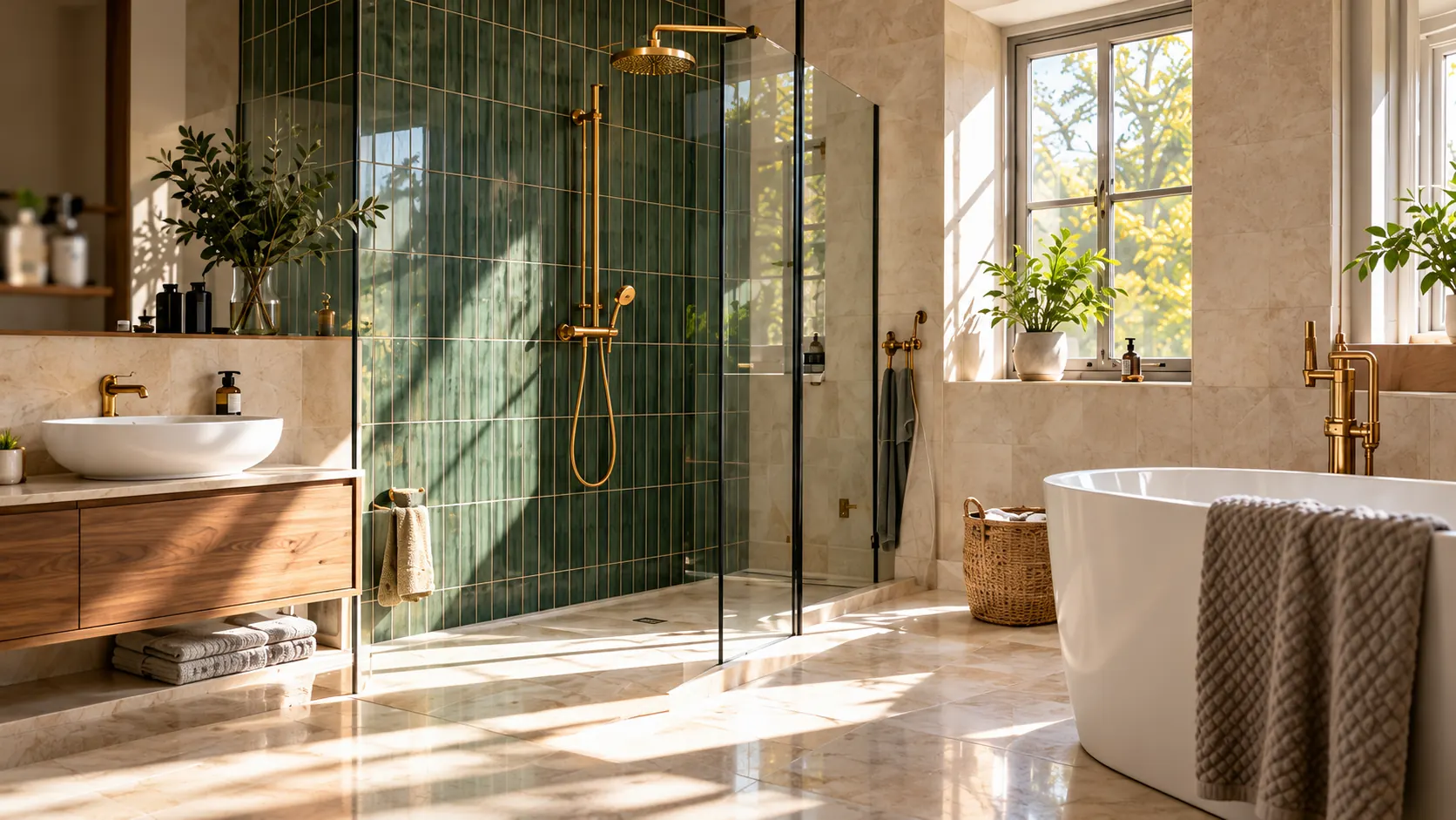 A sunlit St Leonards bathroom with green tiles, brass fittings and limestone.