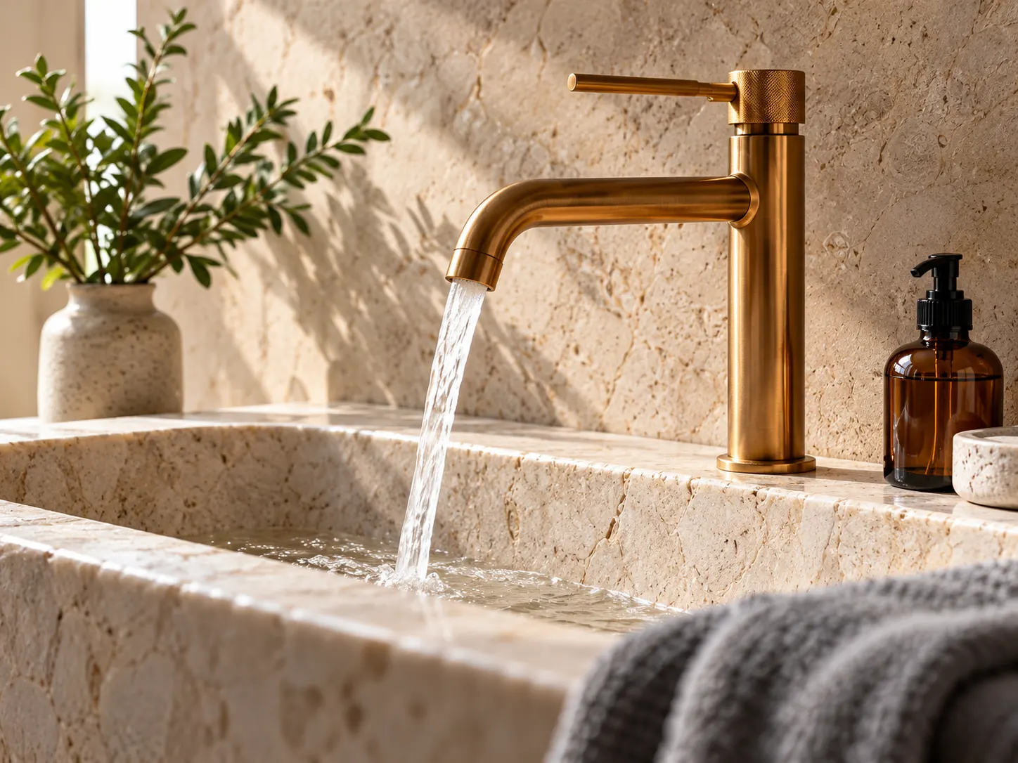 A brass tap running into a pale limestone basin.