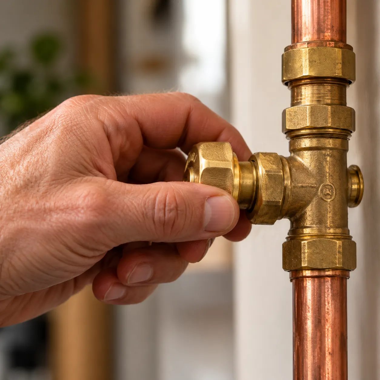 A hand checking a brass valve beside copper pipework.