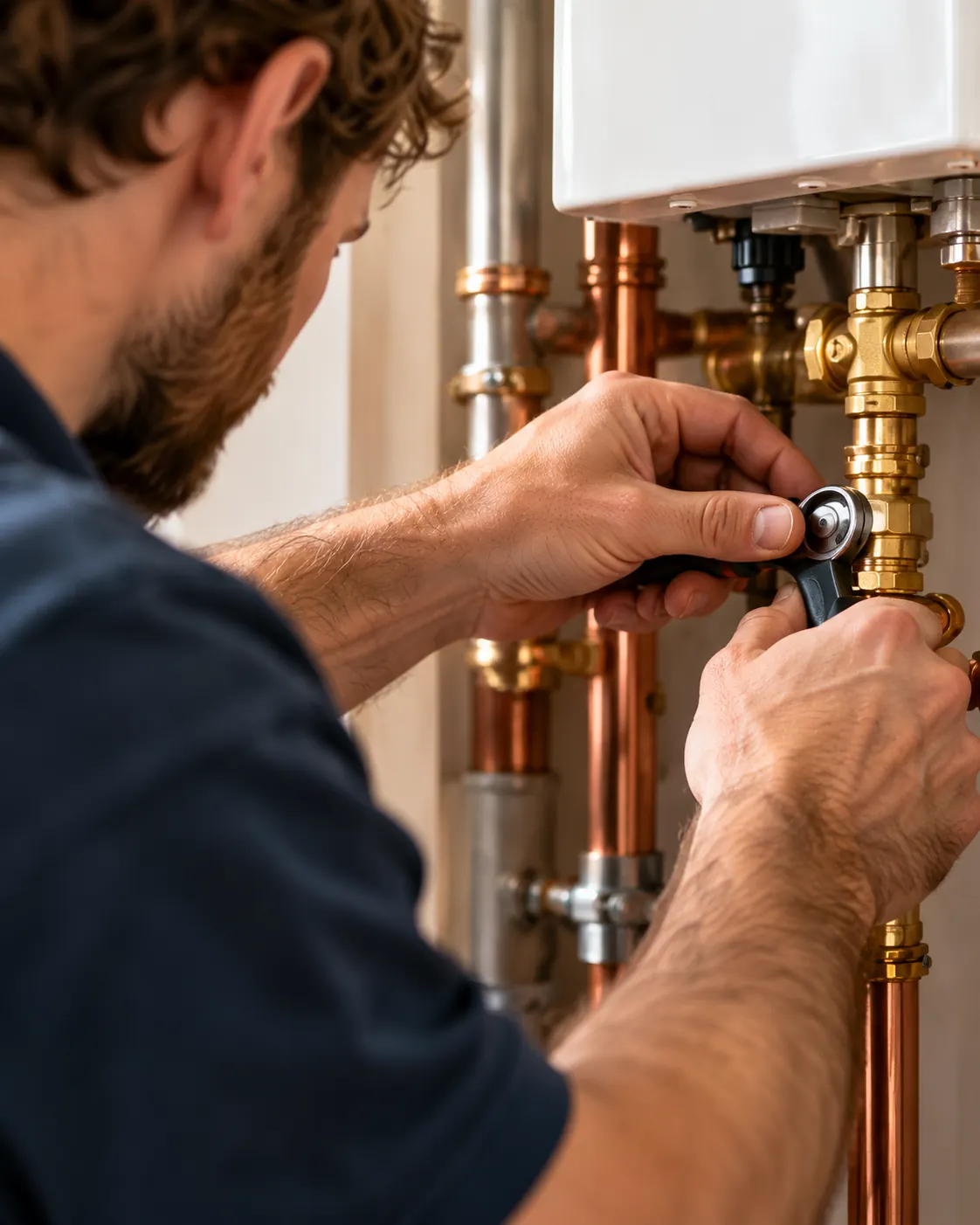 A close view of Tom checking a brass heating connection.