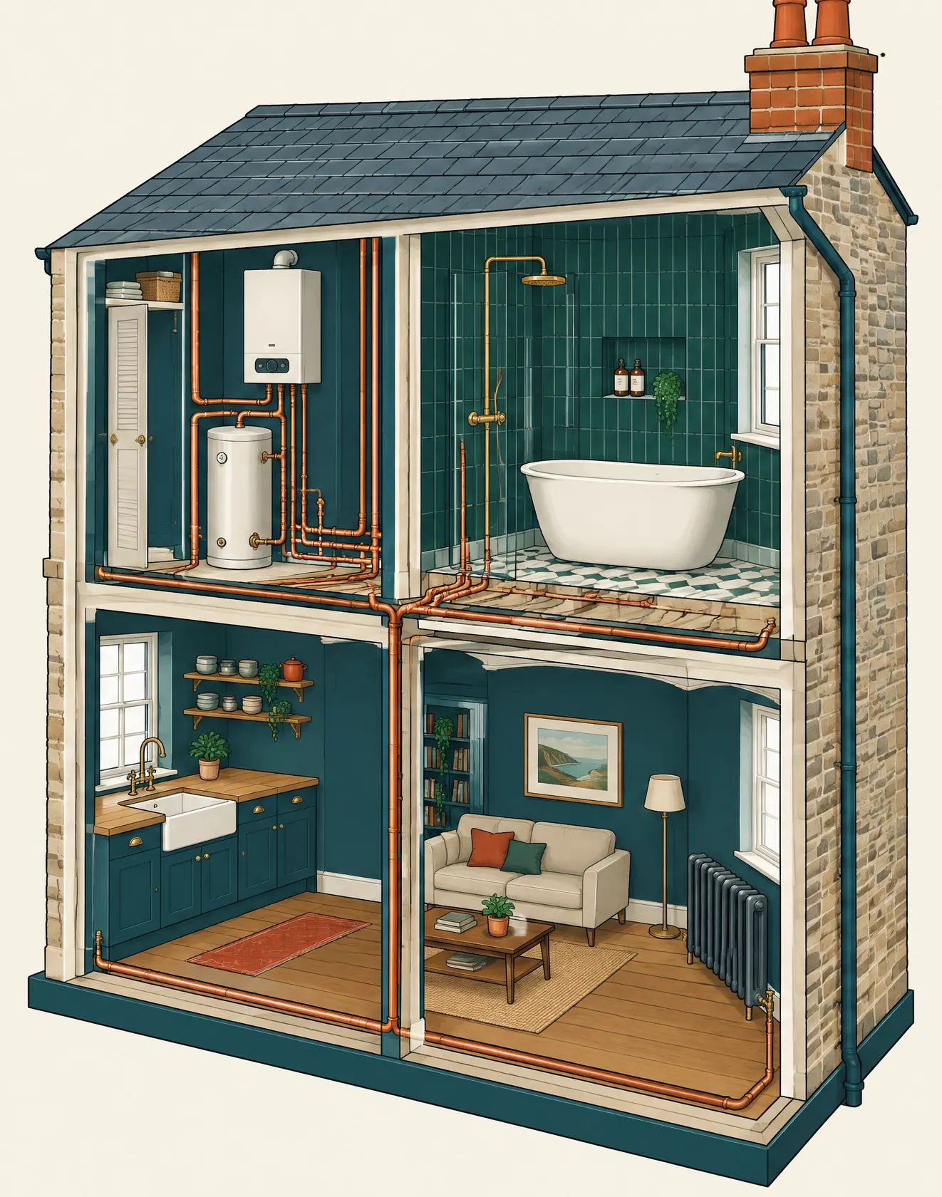 Illustrated cutaway of a two-storey Devon terrace showing the kitchen, bathroom, boiler cupboard and the copper pipework that connects them.