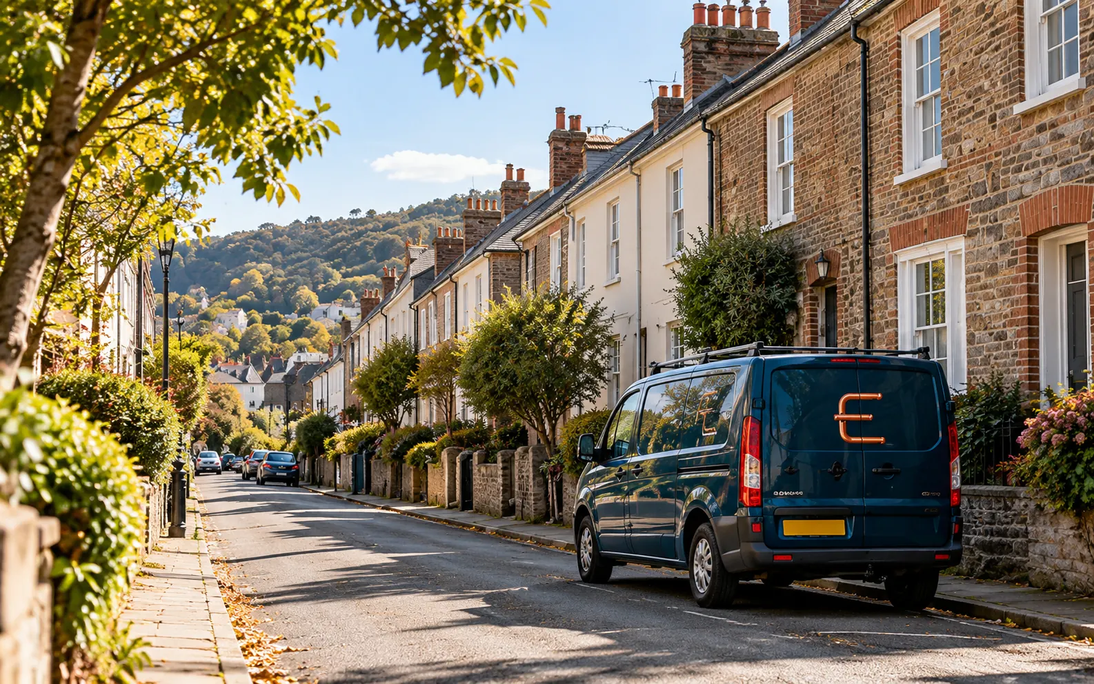 A teal company van parked on a quiet Devon residential street.
