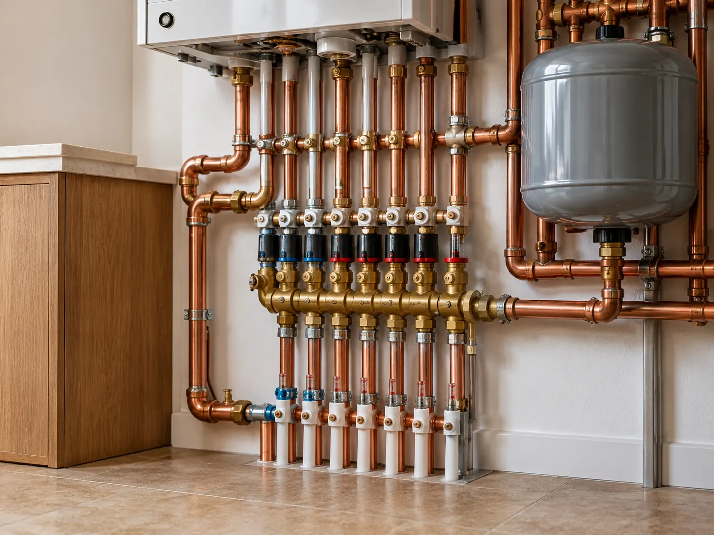 Neatly installed copper heating pipework, manifold and expansion vessel.