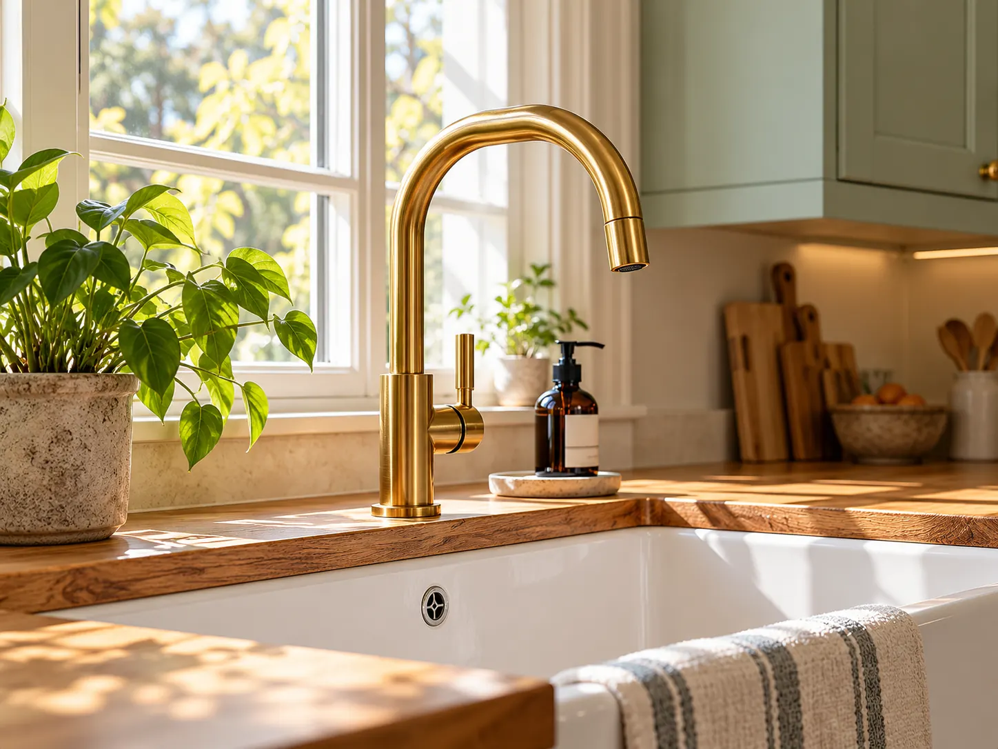 A brass tap and Belfast sink set into an oak kitchen worktop.