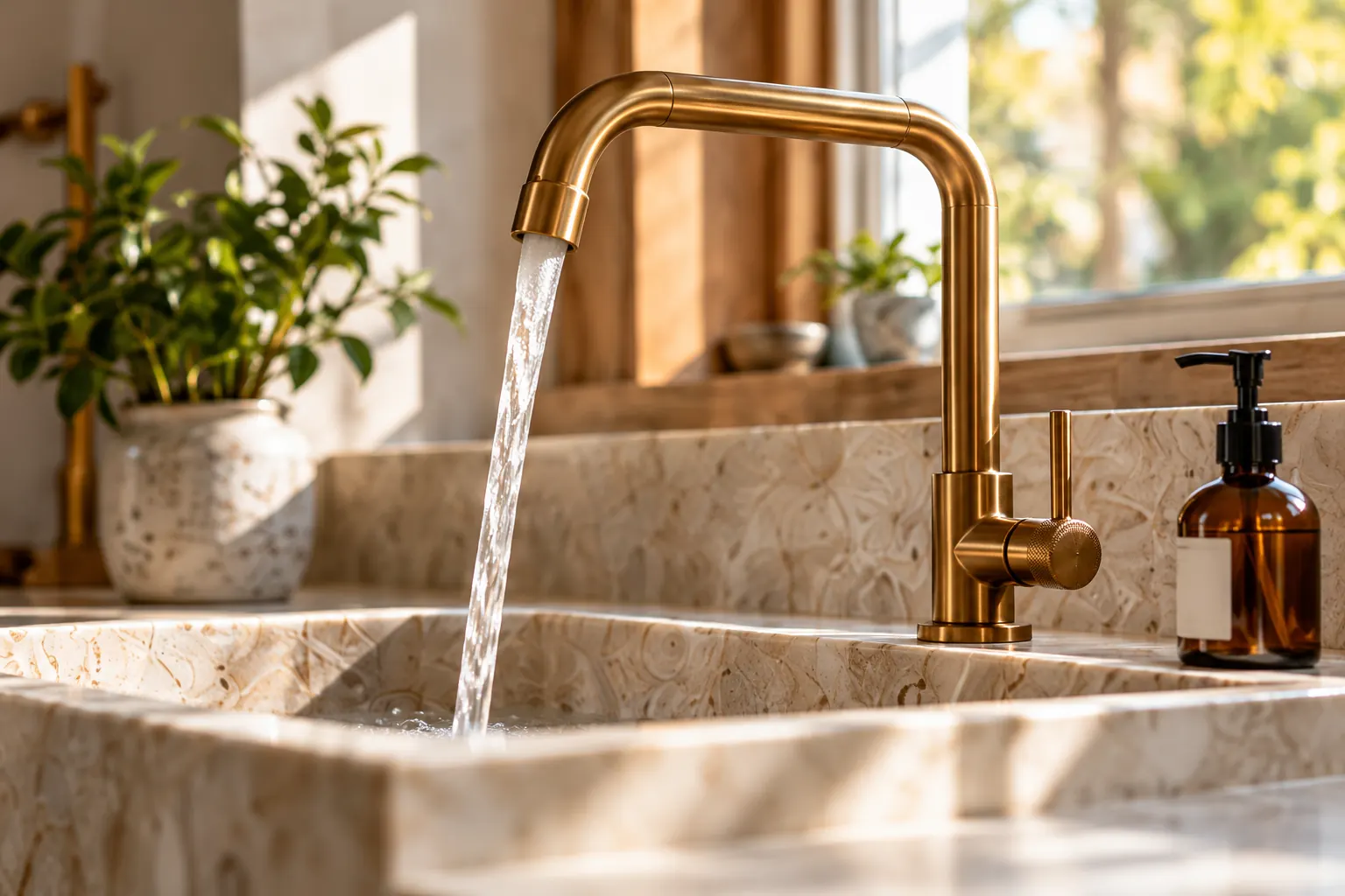 A brass kitchen tap over a stone sink in warm daylight.