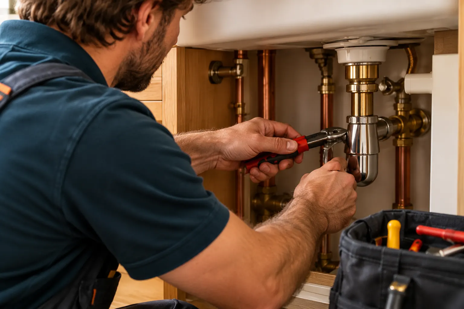 A plumber repairing pipework inside an open sink cupboard.
