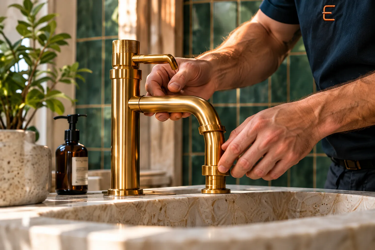 A plumber fitting a brushed brass tap over a limestone sink.