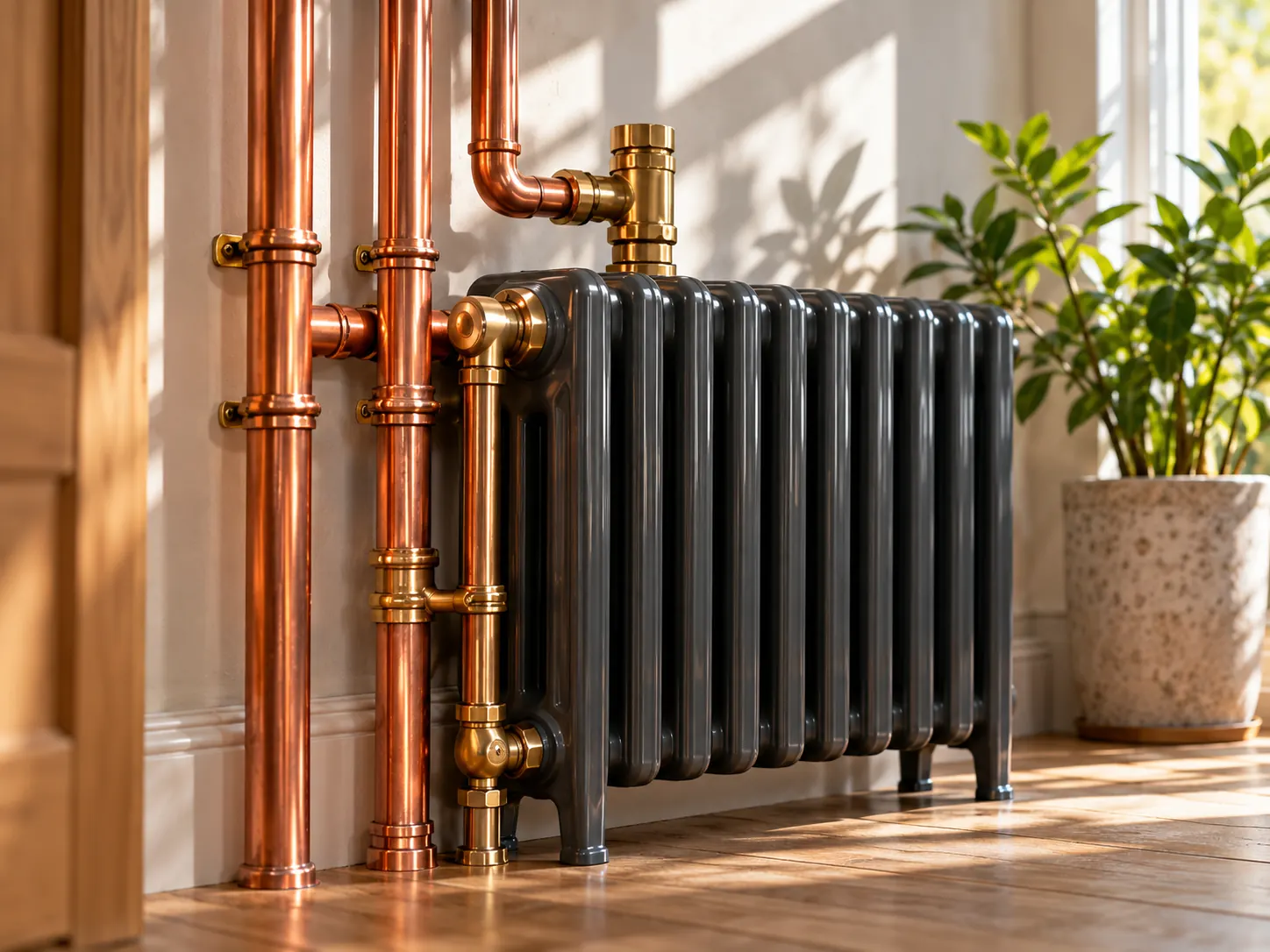 A charcoal column radiator beside neatly fitted copper pipes.