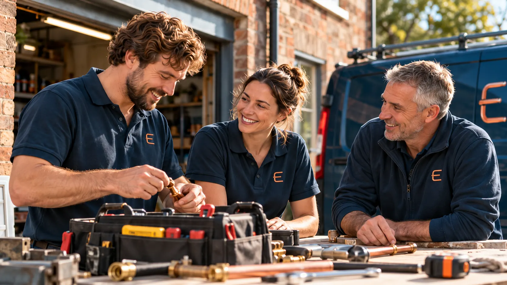 Tom, Ellie and Ben working together outside their Exeter workshop.