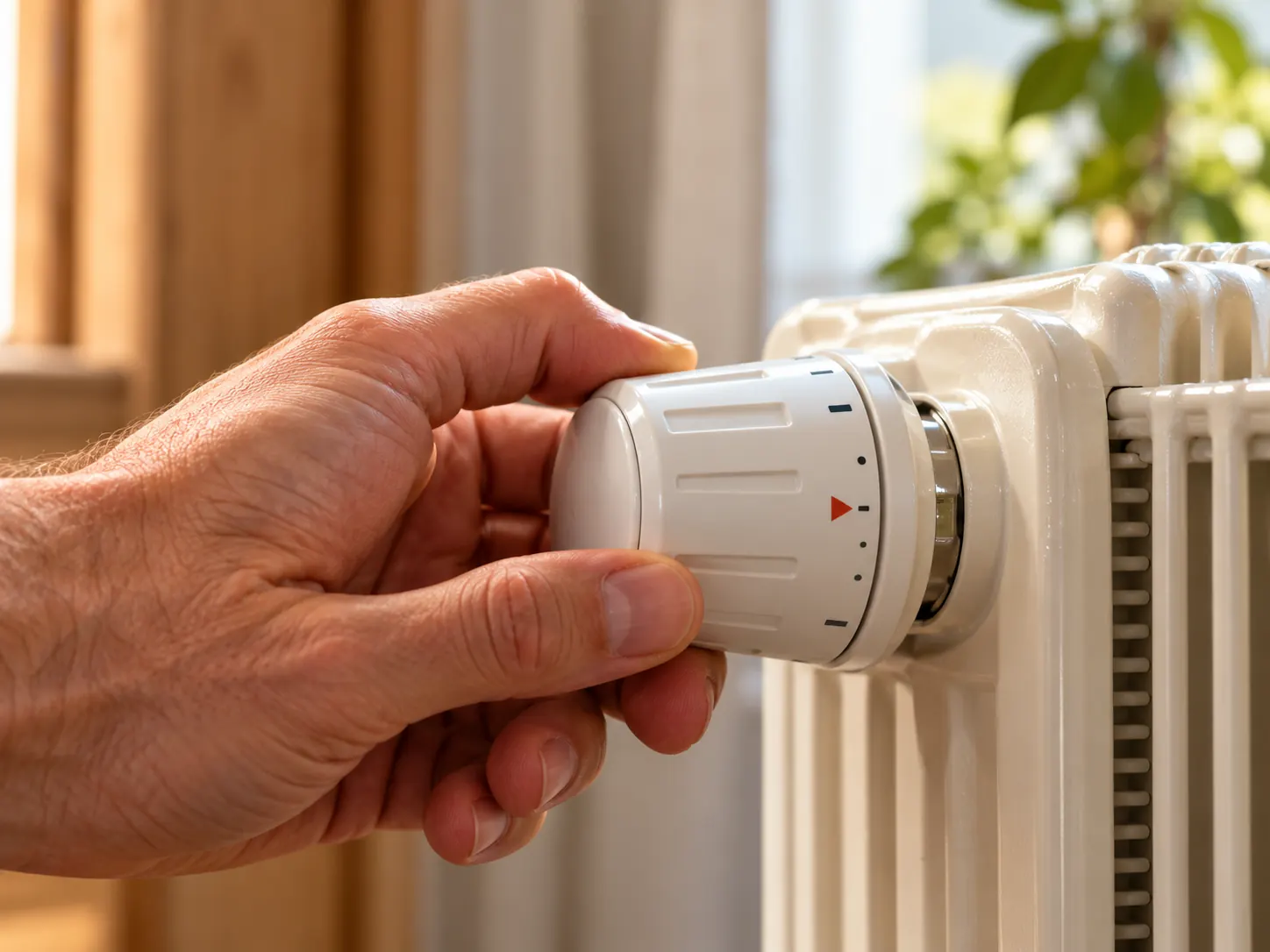A hand adjusting a white thermostatic radiator valve.