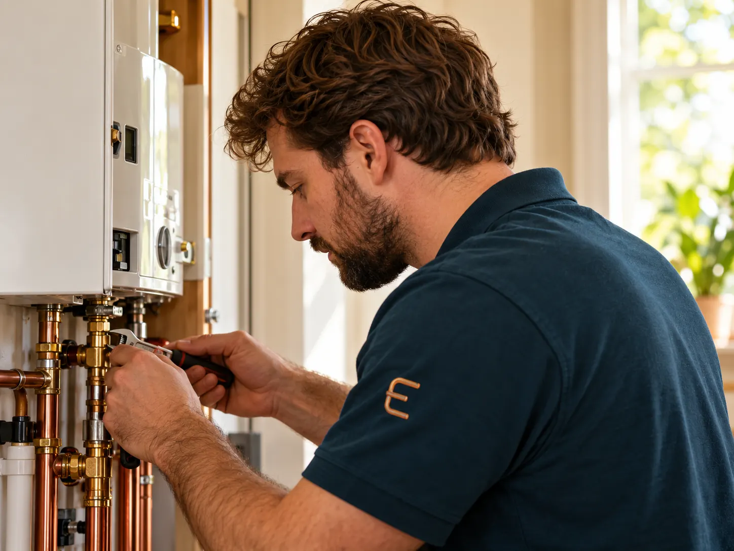 Tom inspecting carefully fitted heating connections beneath a boiler.